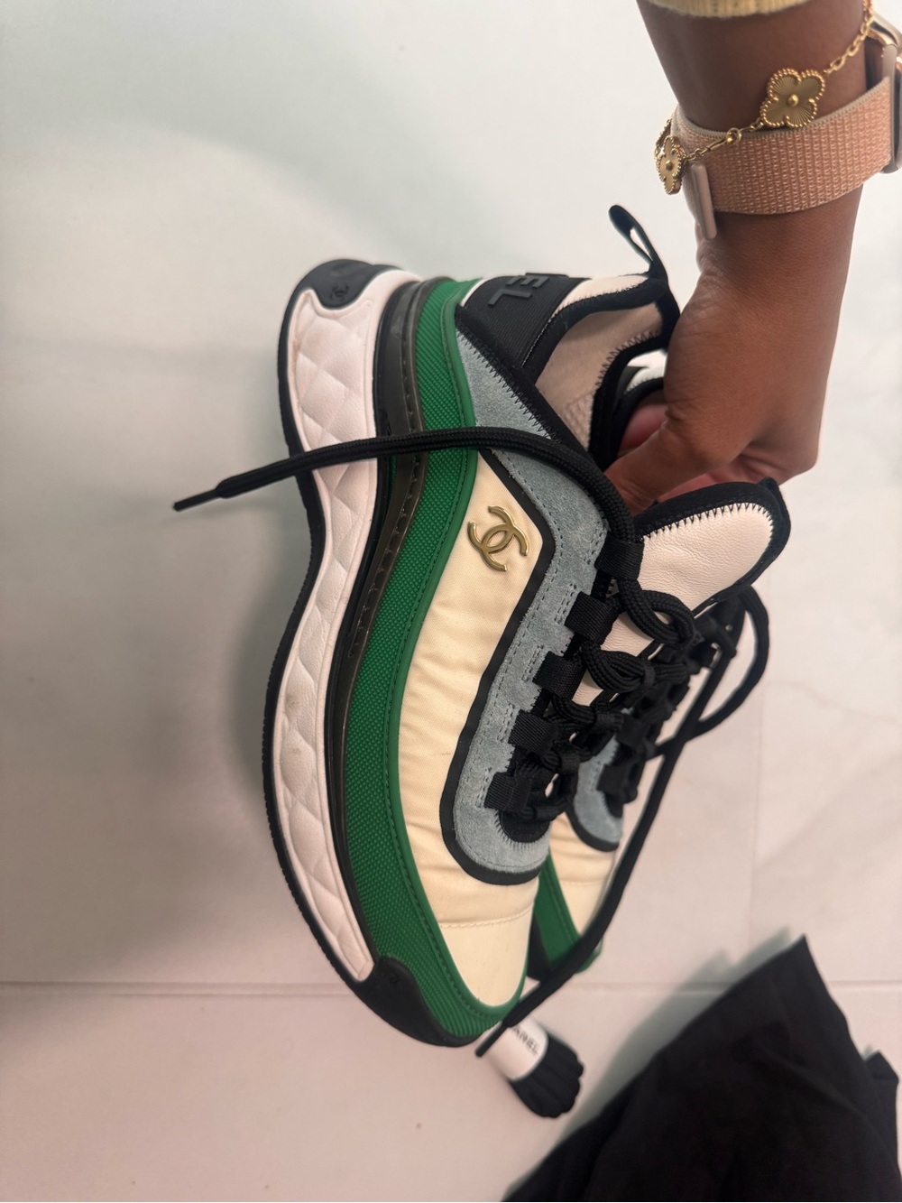 CHANEL Cream, Green & Black Quilted Runner Sneaker